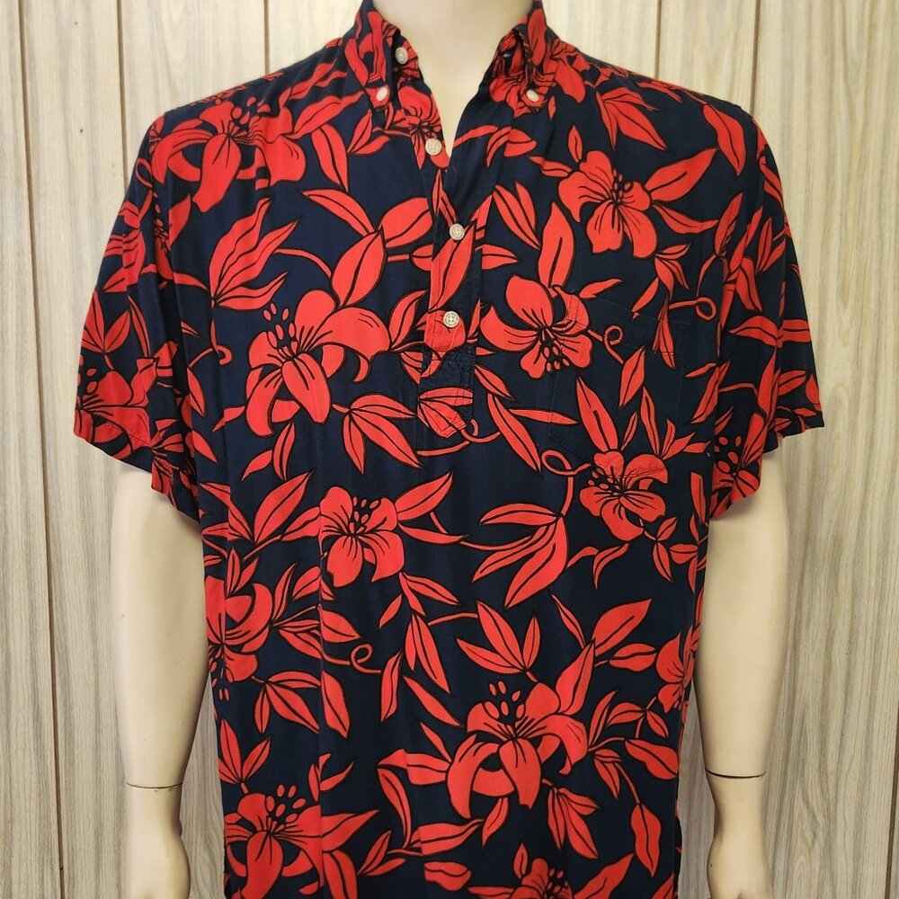 Hawaiian shirt L men's pullover rayon Reyn Spooner blue red